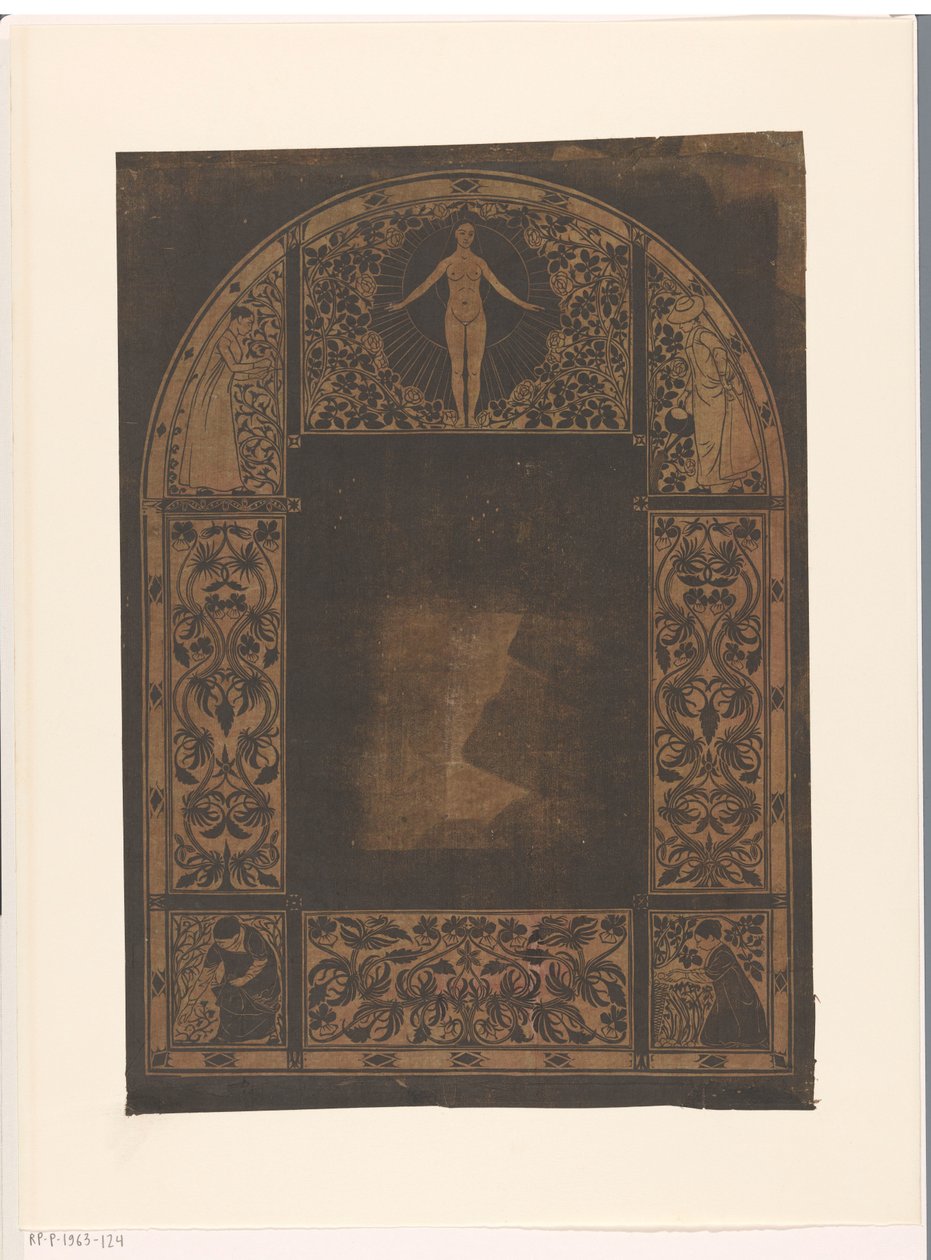 Suunnittelu kalenterikehykseen vuodelle 1901, jossa on naisia ​​ja kukkia tekijältä Gerrit Willem Dijsselhof