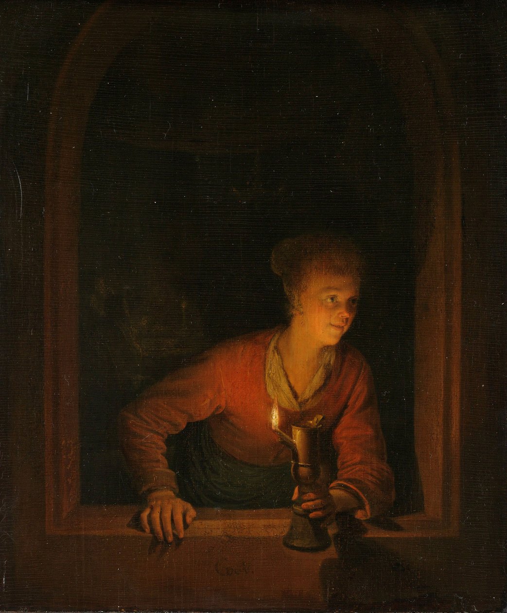 Tyttö öljylampun kanssa ikkunan ääressä, 1645-75 tekijältä Gerrit Dou