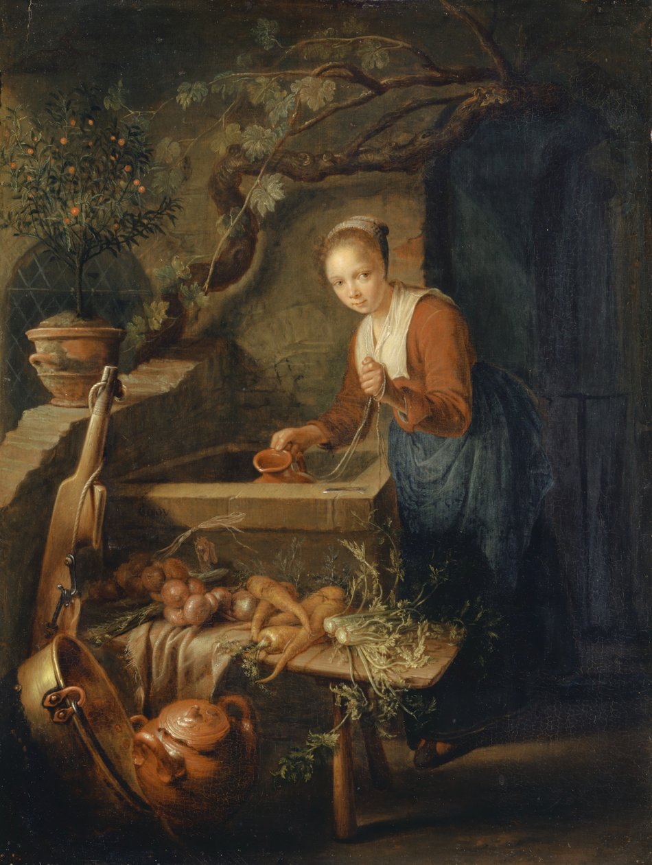 Keittiön piika kaivossa, n. 1650 tekijältä Gerrit Dou