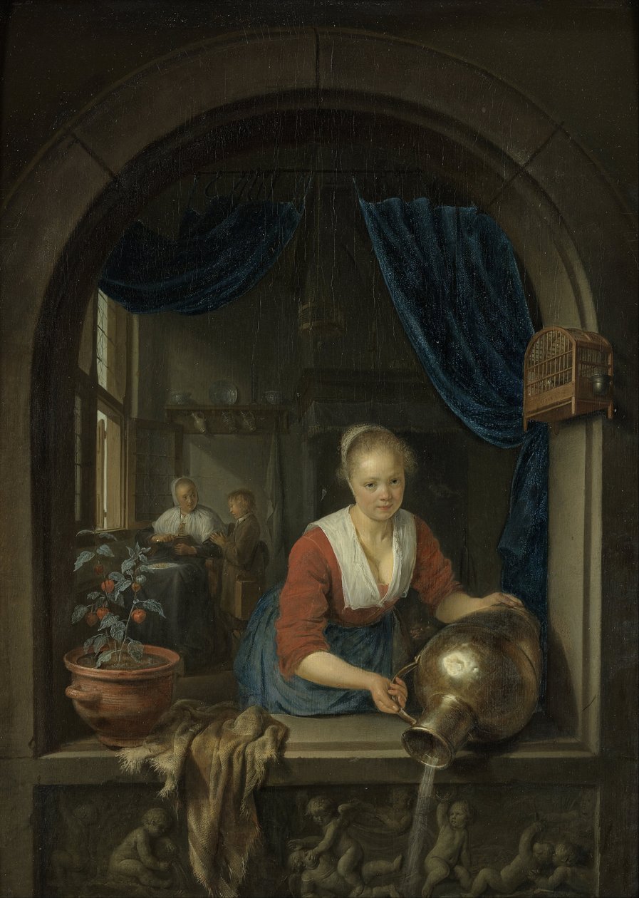 Palvelijatar ikkunan ääressä, noin 1660 (öljy paneelille). tekijältä Gerrit or Gerard Dou