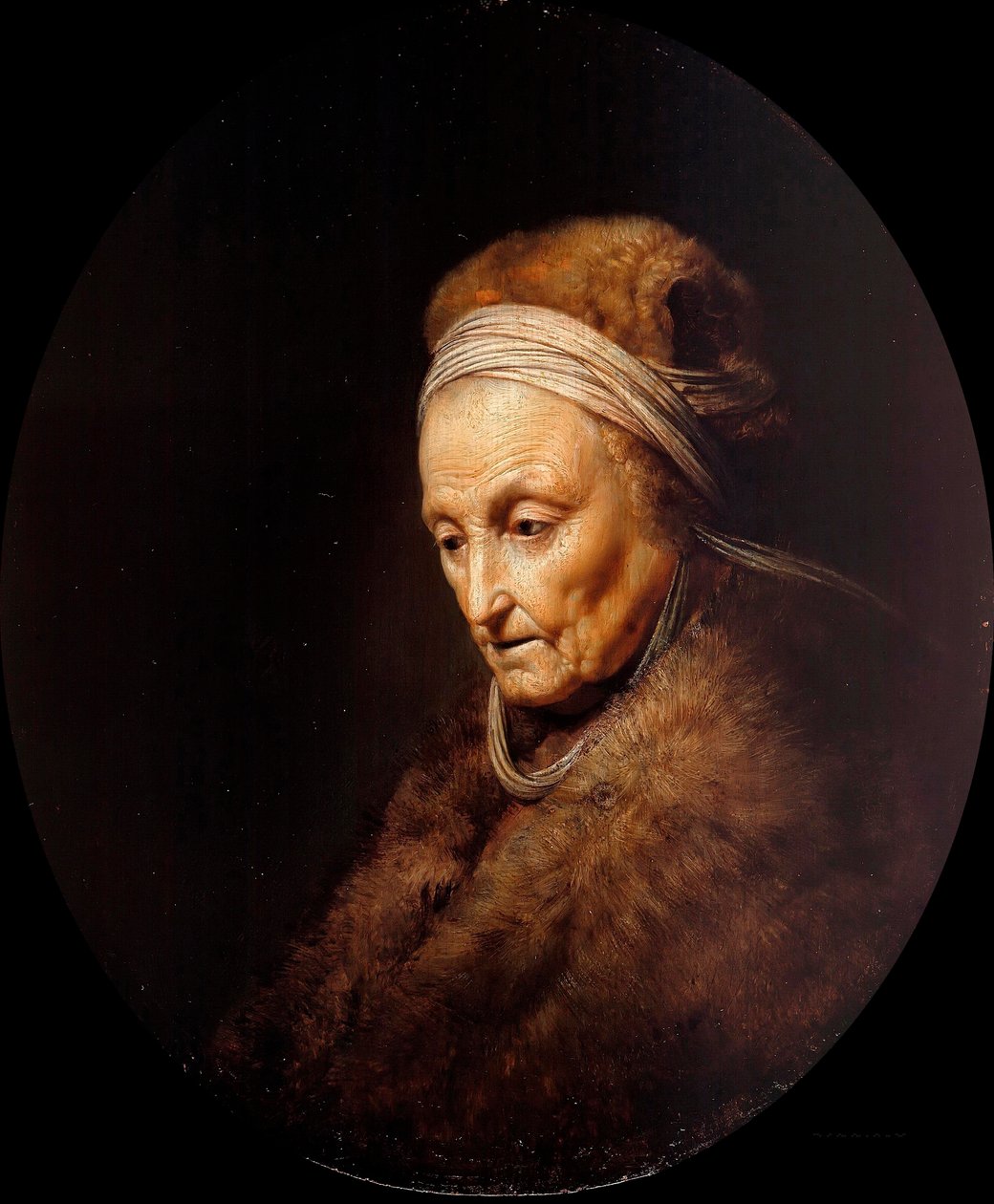 "" Rembrandtin järven muotokuva "" (Rembrandtin äidin muotokuva) Gerard Doun (Gerrit Dow) maalaus (1613-1675) Öljy puulle Koko 23,1x19,7 cm Staatliche Museen, Berliini tekijältä Gerrit Dou