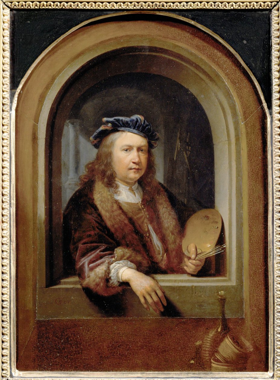 Taiteilijan muotokuva maalarin paletin kanssa ... tekijältä Gerrit or Gerard Dou