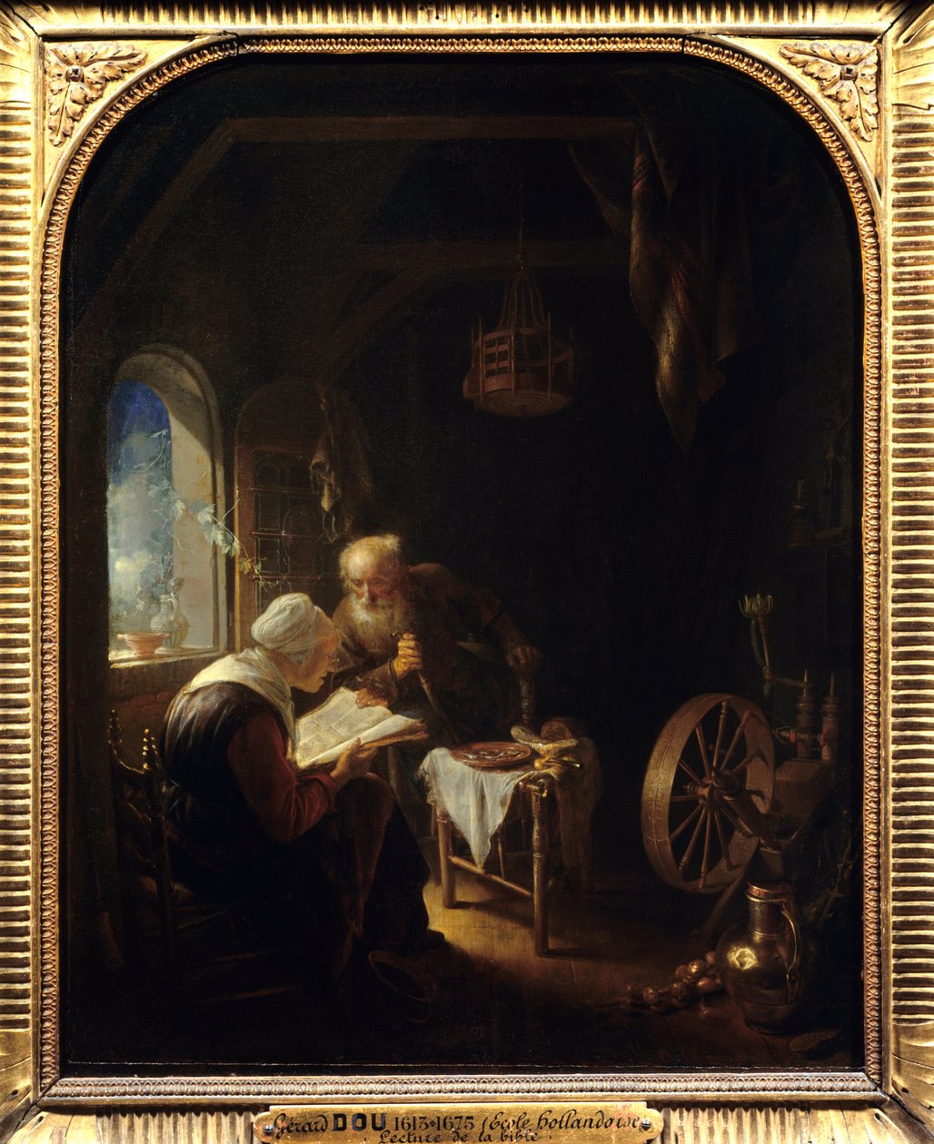 Raamatun lukeminen tai Anne ja Tobie - Gerard Doun (1613-1675) maalaus Ec Hol tekijältä Gerrit Dou