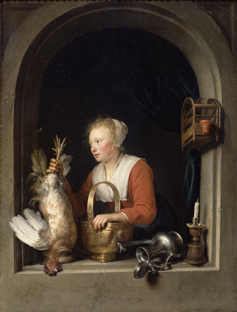 Hollantilainen kotirouva tai Nainen ripustamassa kukkoa ikkunaan, 1650 tekijältä Gerrit Dou