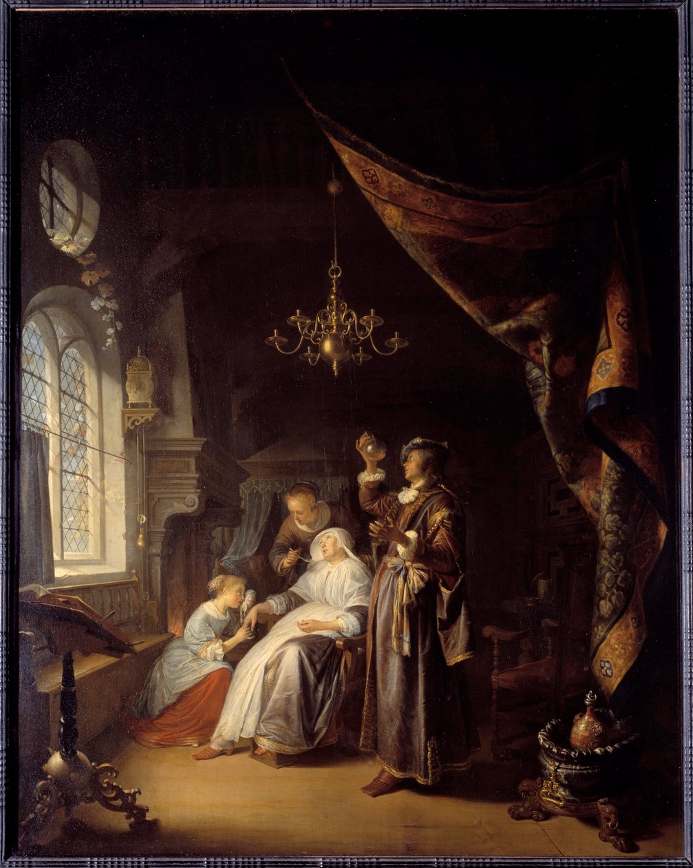 Hydraulinen nainen. Lääkäri tutkii vesitautia sairastavan naisen virtsan. Gerard Doun (1613-1675) maalaus Ec. Hol tekijältä Gerrit Dou