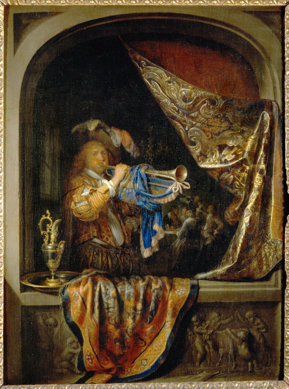 Trumpetisti, taustalla juhla ... tekijältä Gerrit or Gerard Dou