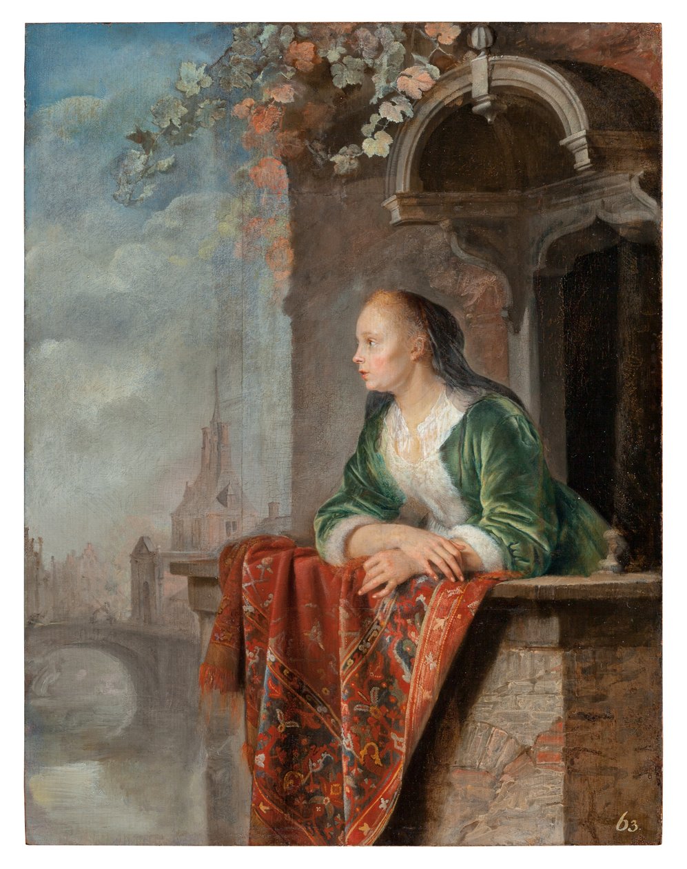 Nuori nainen parvekkeella, n. 1664 tekijältä Gerrit Dou