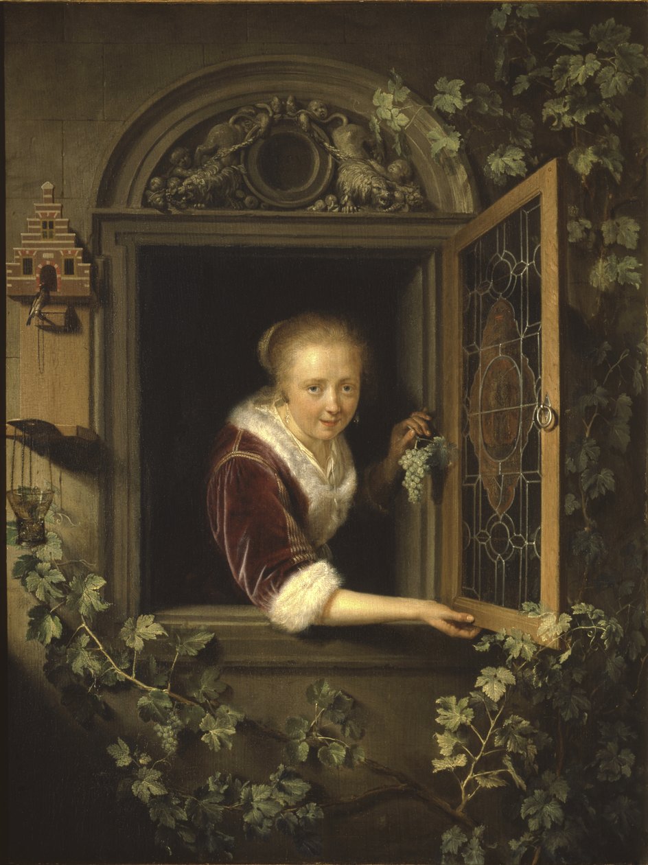 Nuori nainen ikkunassa viinirypäletertun kanssa, 1622 tekijältä Gerrit Dou