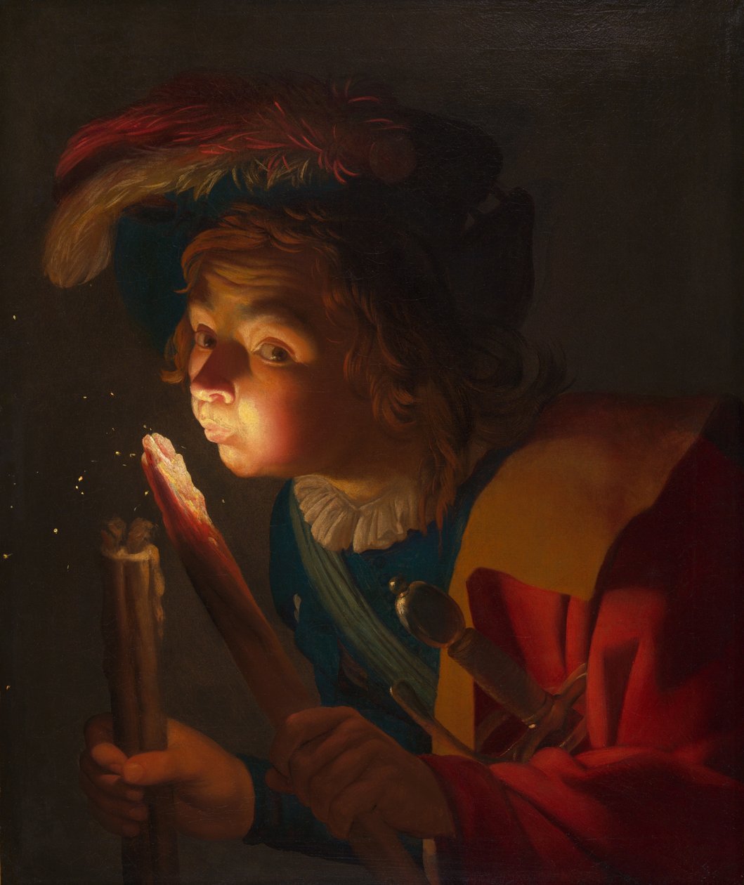 Poika, joka puhaltaa tulessa tekijältä Gerrit van Honthorst