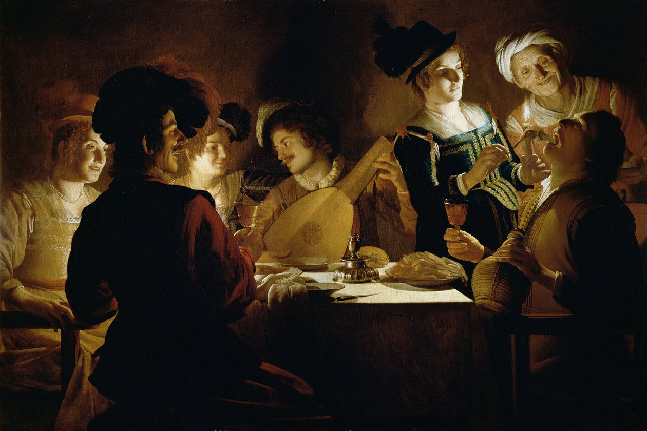 Pito luutunsoittimen kanssa, n. 1620 tekijältä Gerrit van Honthorst