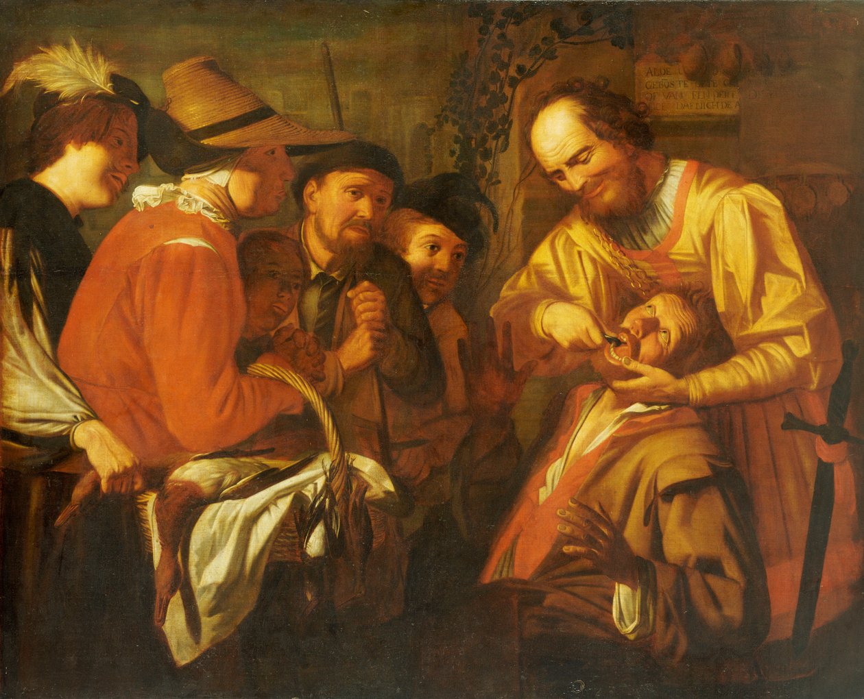 Hammaslääkäri poistamassa hammasta ja joukko katsojia katselemassa lähistöllä tekijältä Gerrit van Honthorst