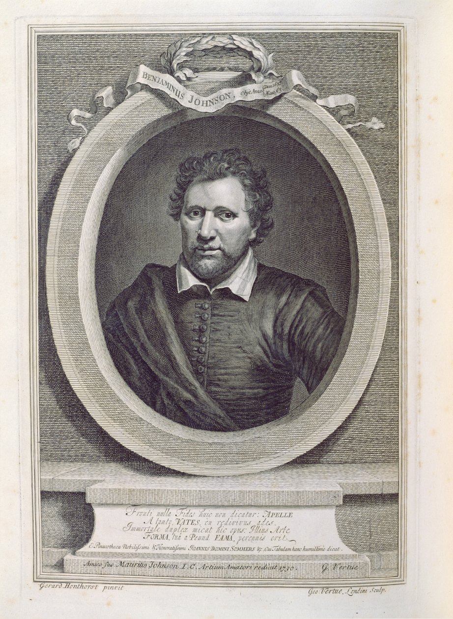 Ben Jonson (1573-1637), kaiverrus George Vertue (1684-1756), 1730 tekijältä Gerrit van Honthorst