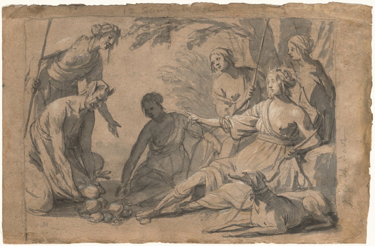 Diana ja neljä nymfiä vastaanottamassa lahjoja satyrilta tekijältä Gerrit van Honthorst