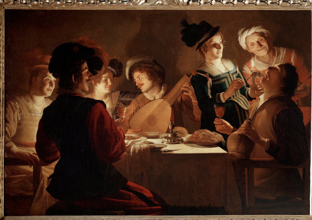 Illallinen luutun soittajan kanssa. (Maalaus tekijältä Gerrit van Honthorst