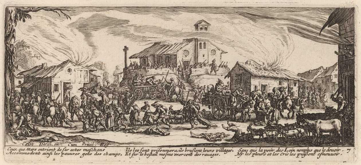 Kylän ryöstäminen ja polttaminen tekijältä Gerrit van Schagen after Jacques Callot