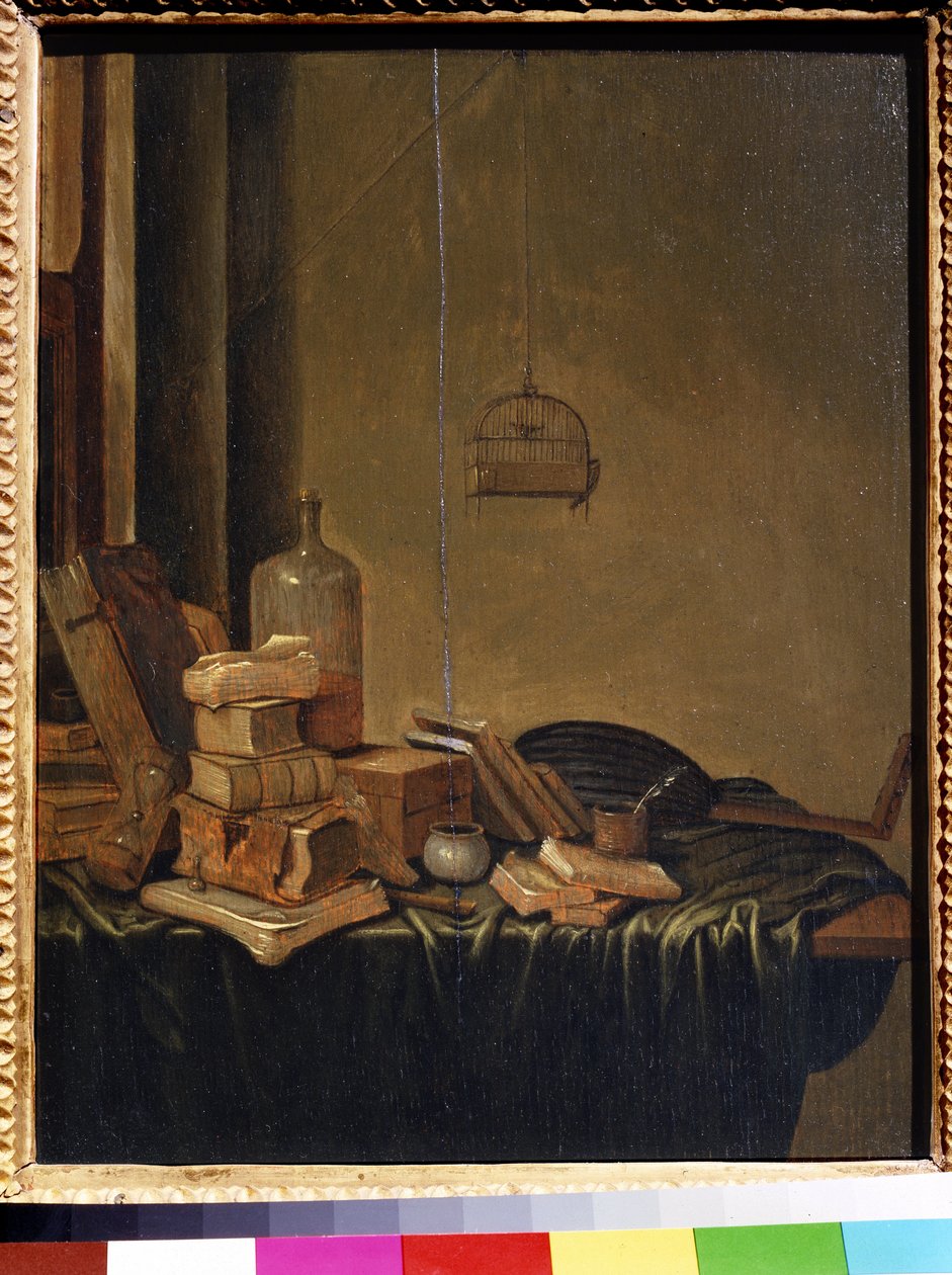 Asetelma kirjojen kanssa. Gerrit van Vuchtin maalaus (1600 tai 1620 - noin 1697). Öljy puulle, 34 x 28 cm. 1600-luvun hollantilainen koulu. Pushkinin taidemuseo, Moskova. tekijältä Gerrit van Vucht