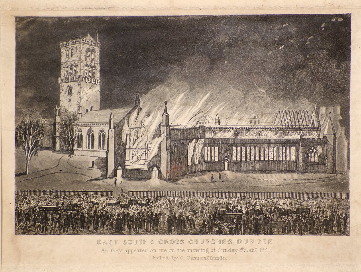 East, South & Cross Churches, Dundee, sellaisena kuin ne ilmestyivät tulessa sunnuntaina 3. tammikuuta 1841, n. 1841 (etsaus) tekijältä Gershom Gourlay Cumming
