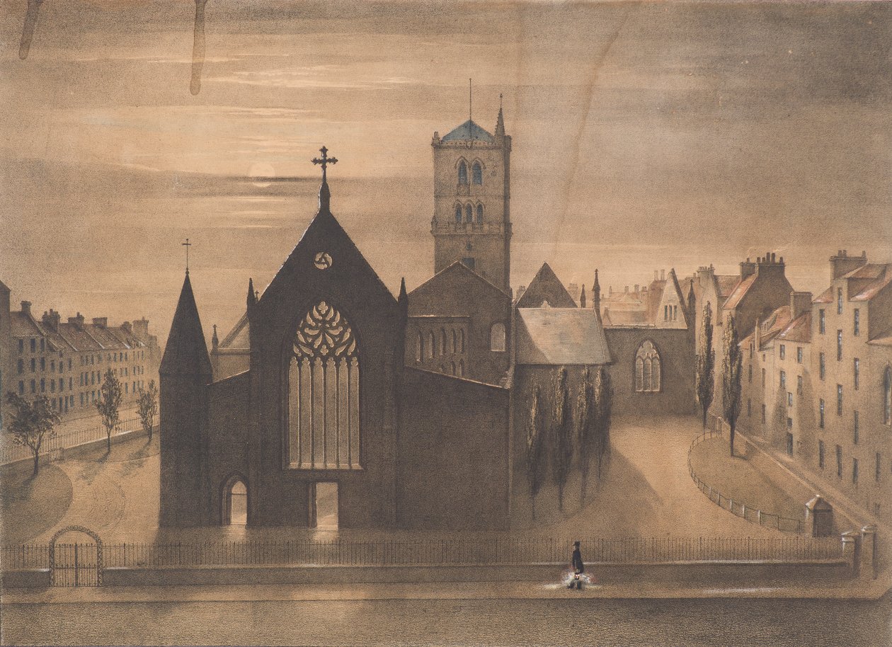Kuutamonäkymä East and Crossin kirkoista, Dundee sellaisina kuin ne ilmestyivät 3. tammikuuta 1841 tapahtuneen tulipalon jälkeen (litografia) tekijältä Gershom Gourlay Cumming