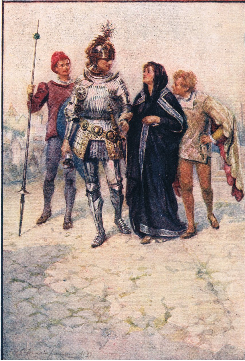 Prinssi Arthur johdattaa Belgen ja hänen poikansa linnaan, Stories from the Faerie Queen, julkaisija George Harrap and Company tekijältä Gertrude E. Demain (after) Hammond