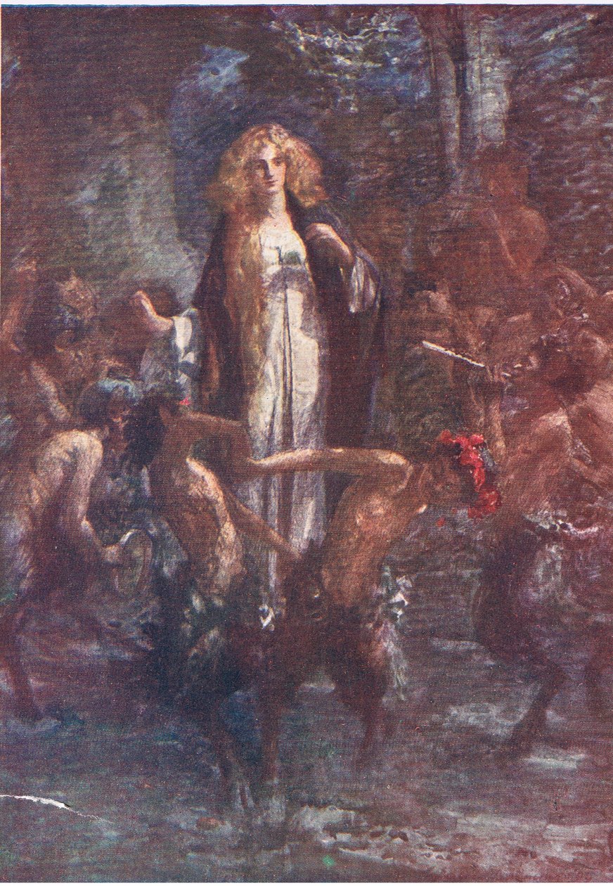 Satyyrit tanssivat hänen ympärillään riemuissaan, Stories from the Faerie Queen, julkaisija George Harrap and Company tekijältä Gertrude E. Demain (after) Hammond