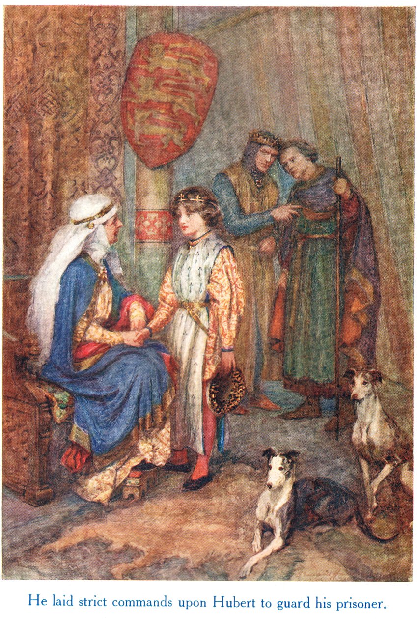 "Hän antoi tiukat käskyt Hubertille vartioida vankiaan", esimerkki "Shakespearen tarinoista Englannin kuninkaista", julkaisija George Harrap & Son tekijältä Gertrude E. Demain Hammond