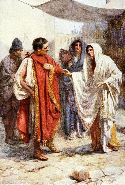 Miten nyt voi, mieheni, että olet silloin vieraantunut itsestäsi? kuvitus komediasta virheiden komedia julkaisussa Stories from Shakespeare: Retold by Thomas Carter, julkaistu n. 1910 (värilitho) tekijältä Gertrude E. Demain Hammond