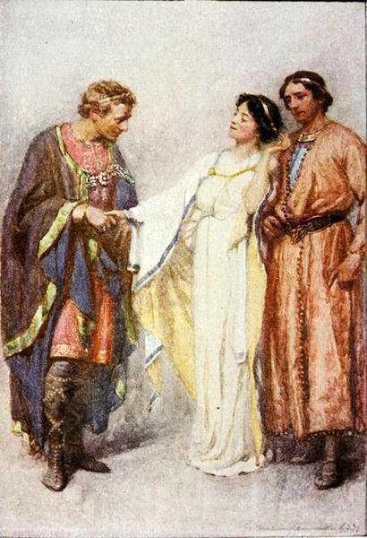 Hän sanoi, että hänen ei todellakaan pitäisi mennä, kuvitus "Talven tarinasta" julkaisussa "Tarinoita Shakespearesta: Thomas Carterin uudelleen kerrottu", julkaistu n. 1910 (värilitho) tekijältä Gertrude E. Demain Hammond