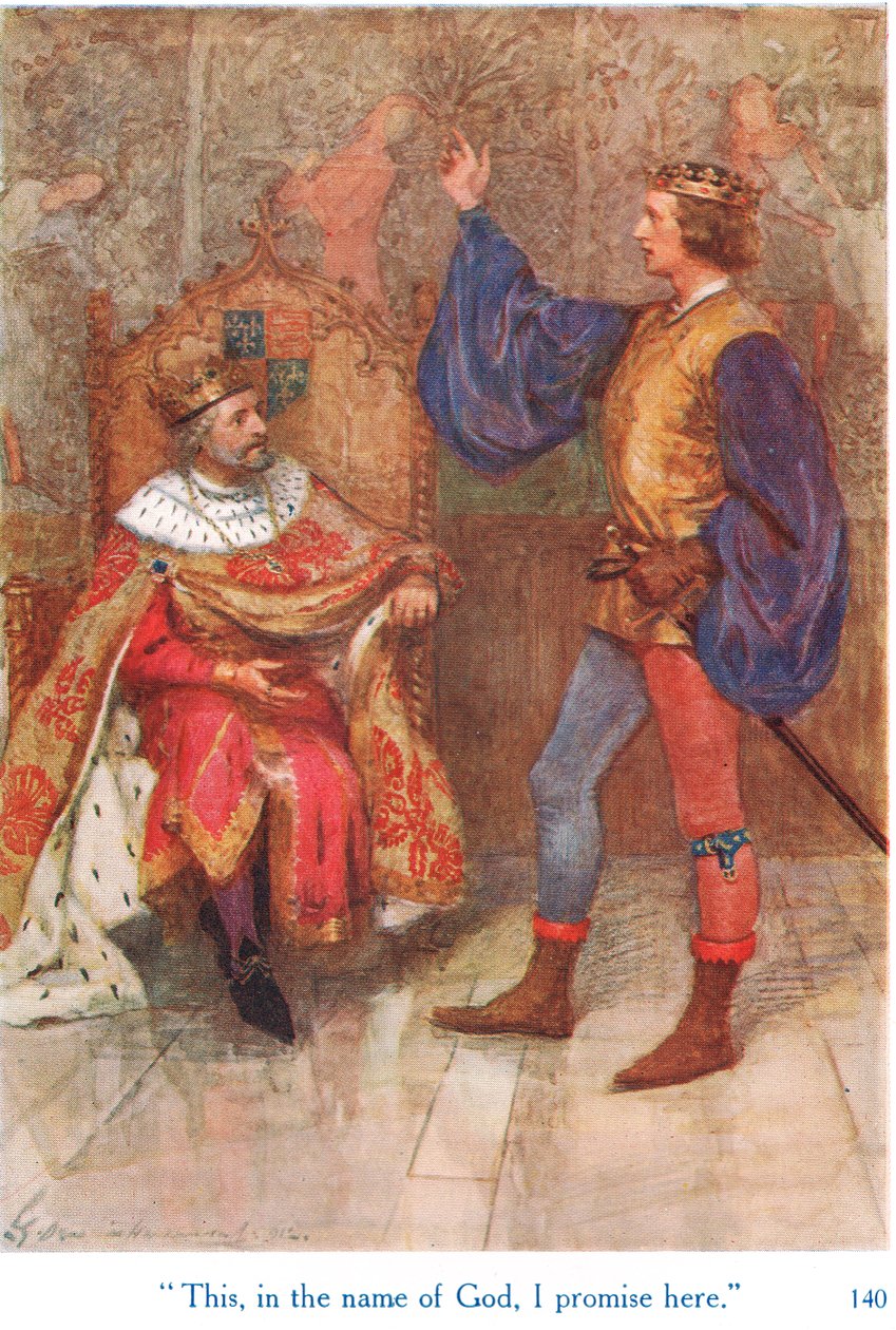 "Tämän, Jumalan nimessä, lupaan täällä", kuvitus "Shakespearen tarinoista Englannin kuninkaista", julkaisija George Harrap & Son tekijältä Gertrude E. Demain Hammond