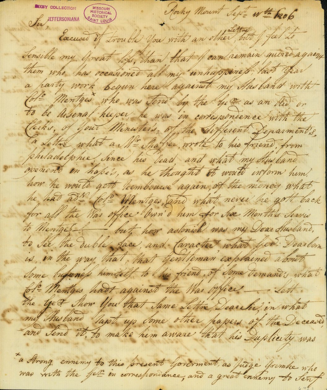 Gertrude Joan Senfin, Rocky Mountin, allekirjoittama kirje Thomas Jeffersonille 11. syyskuuta 1806 tekijältä Gertrude Joan Senf