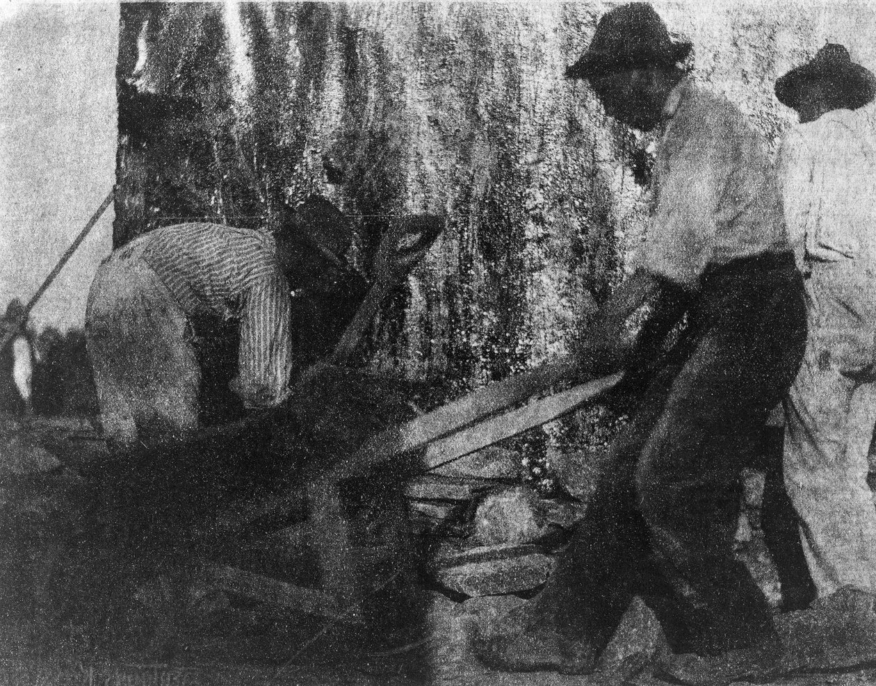Kolme työmiestä. Valokuva kolmesta afroamerikkalaistyöläisestä työssä. (n. 1900) Kirjailija: Gertrude Kasebier tekijältä Gertrude Käsebier