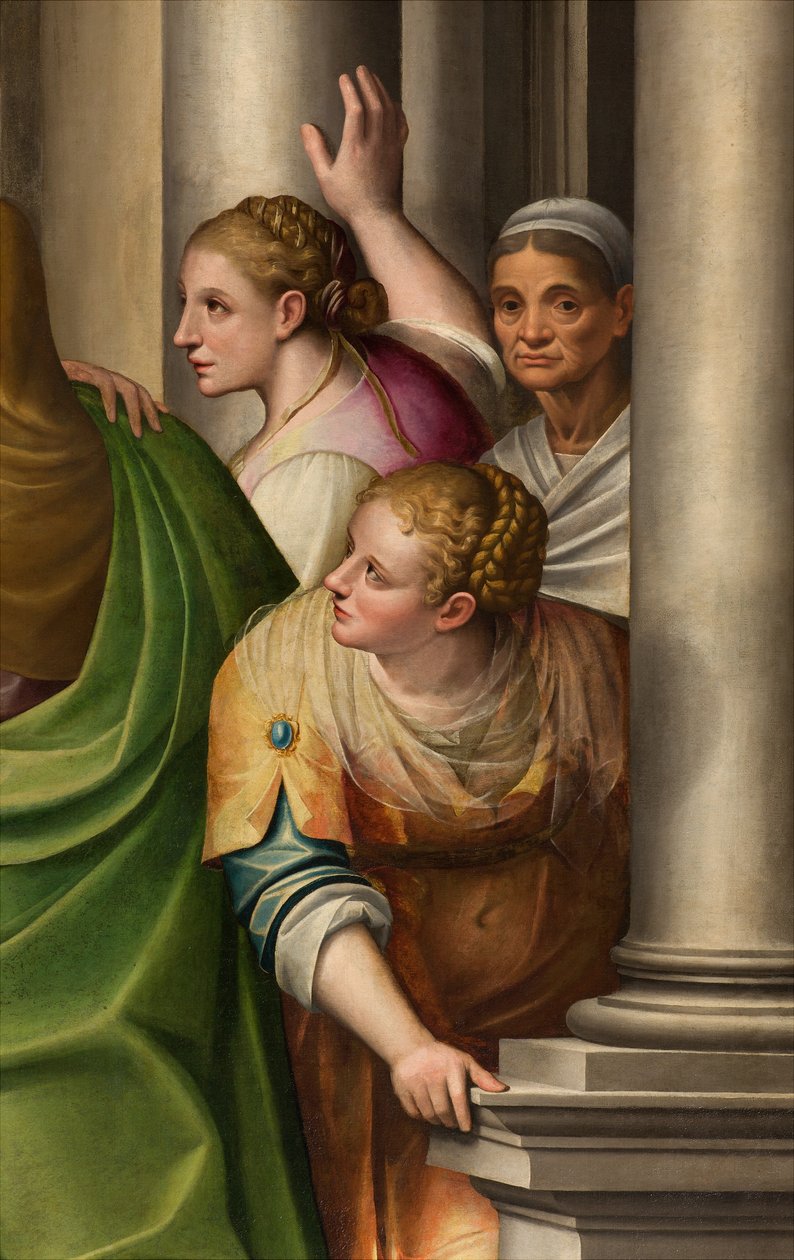 Eteläinen poikkiristeys, Vierailualttari, Yksityiskohta Gervaso Gattin alttaritaulusta, Marian vierailu serkku Elisabethille 1583, Alttaritaulun yksityiskohta tekijältä Gervasio Gatti