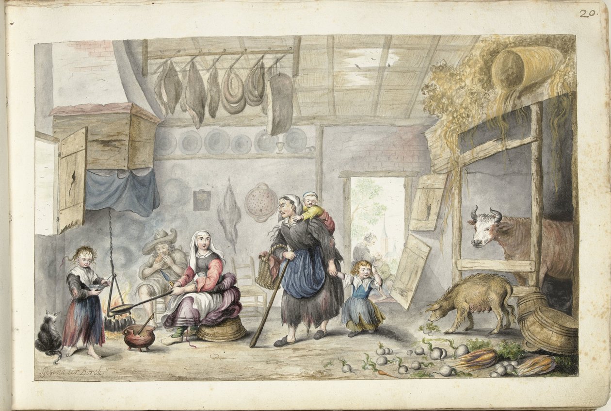 Maalaistalon sisustus (hyväntekeväisyys tai köyhyys) tekijältä Gesina ter Borch (signed by artist)