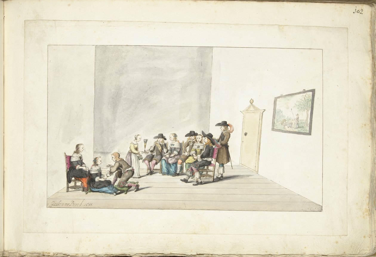 Kymmenen nuoren yritys sisätiloissa tekijältä Gesina ter Borch (signed by artist)
