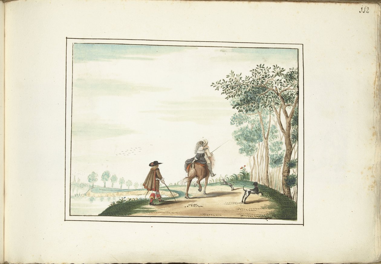 Herrasmies ja nainen hevosen selässä ja jalankulkija maisemassa tekijältä Gesina ter Borch (signed by artist)