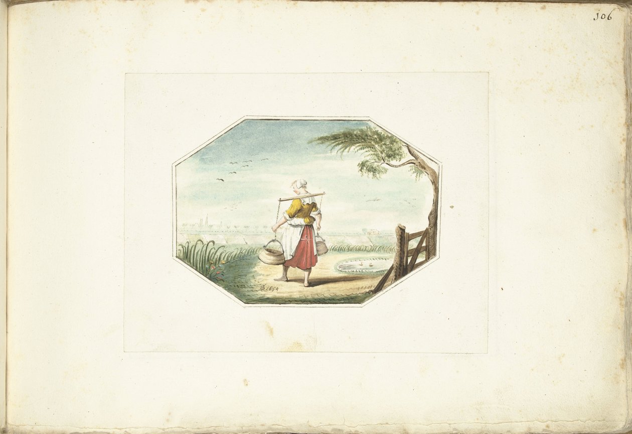 Maitotyttö kauhoineen maisemassa tekijältä Gesina ter Borch (signed by artist)