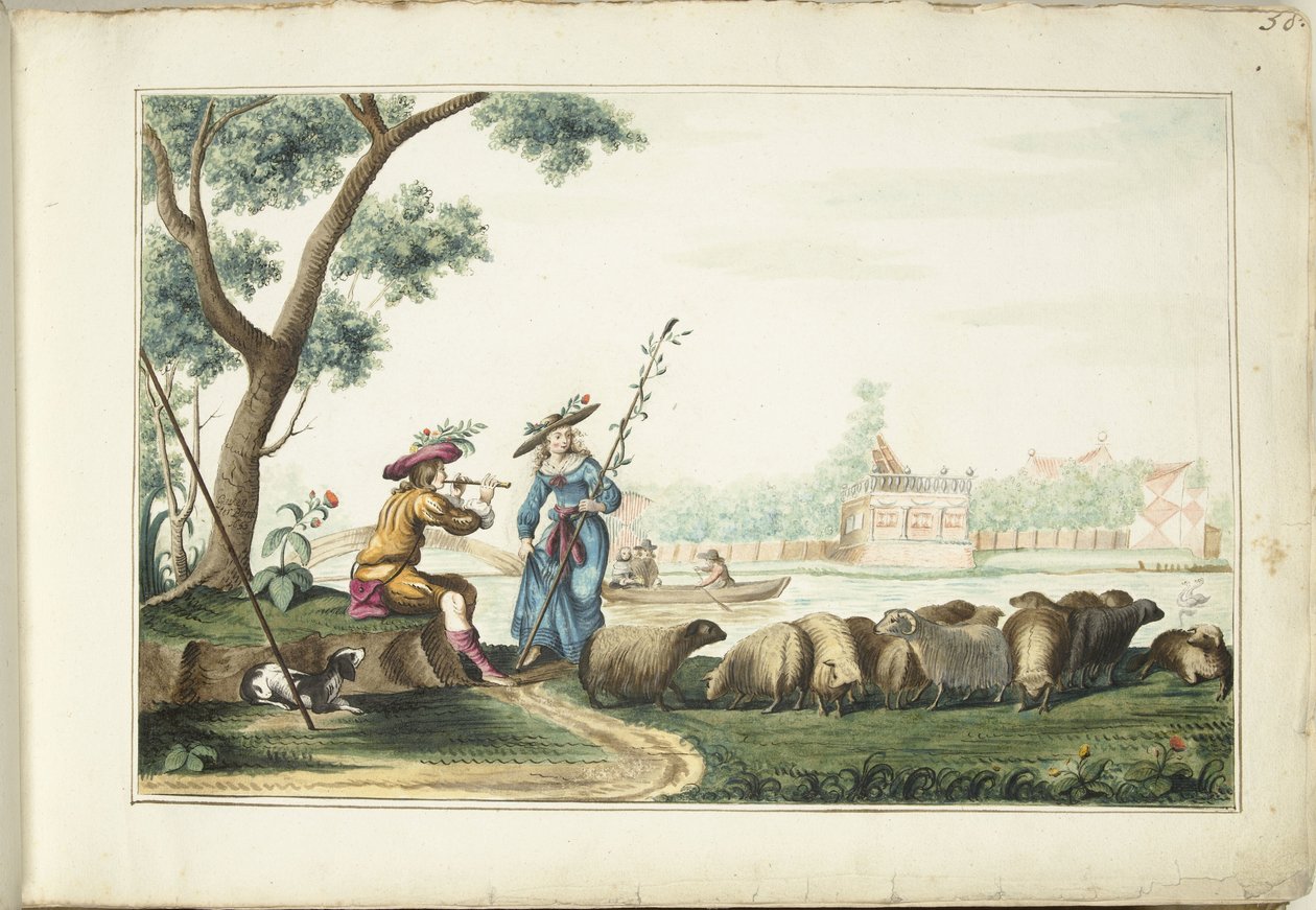 Pastoraaliesitys joen rannalla tekijältä Gesina ter Borch (signed by artist)