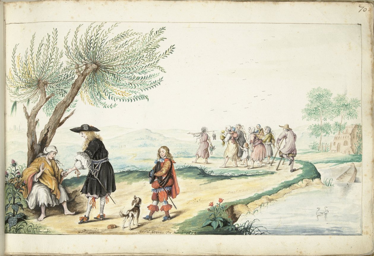 Romaninainen lukee herrasmiehen kättä (Mooses?) tekijältä Gesina ter Borch (signed by artist)