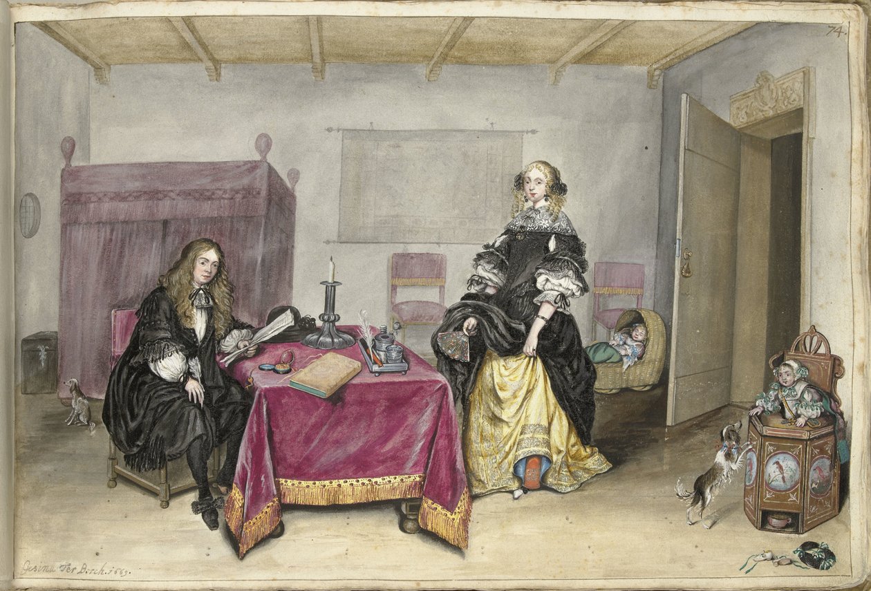 Sijbrant Schellinger ja Jenneken ter Borch kahden lapsen kanssa sisätiloissa tekijältä Gesina ter Borch (signed by artist)