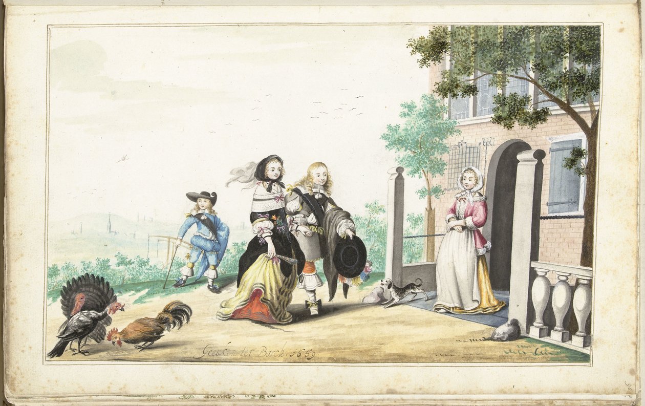 Pariskunta tervehtii naista maalaistalon ovella tekijältä Gesina ter Borch (signed by artist)