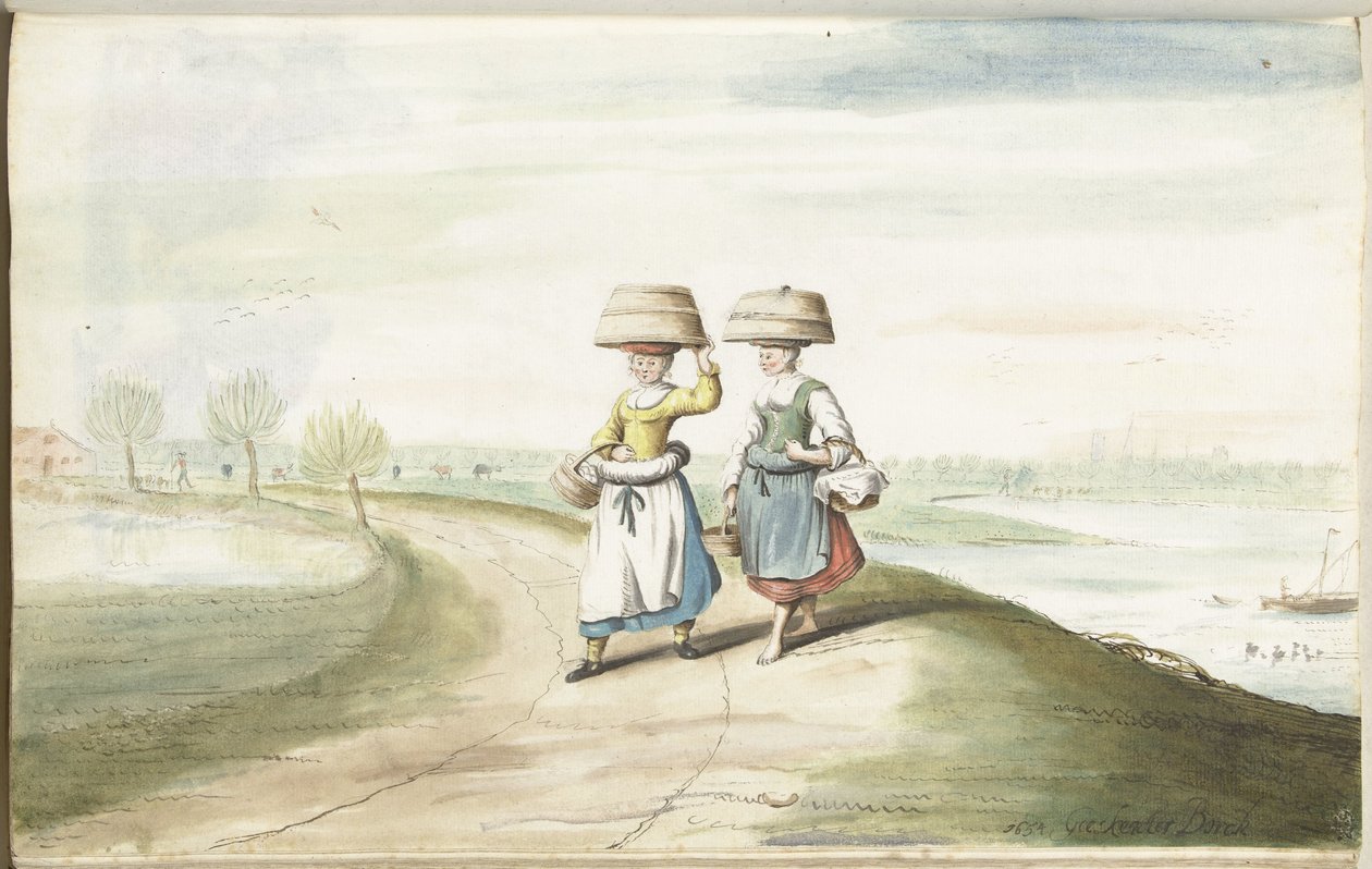 Kaksi talonpoikanaista kävelemässä maisemassa tekijältä Gesina ter Borch (signed by artist)