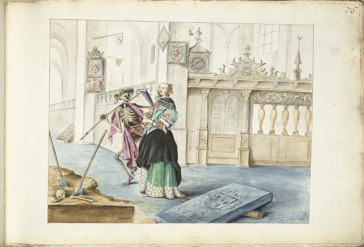 Nainen (Aeltien?) seisoo kuoleman vieressä Pyhän Mikaelin kirkossa Zwollessa tekijältä Gesina ter Borch (signed by artist)