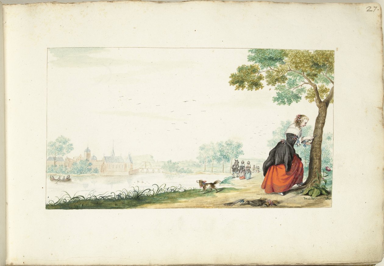 Nainen kaivertaa nimiä puuhun tekijältä Gesina ter Borch (signed by artist)