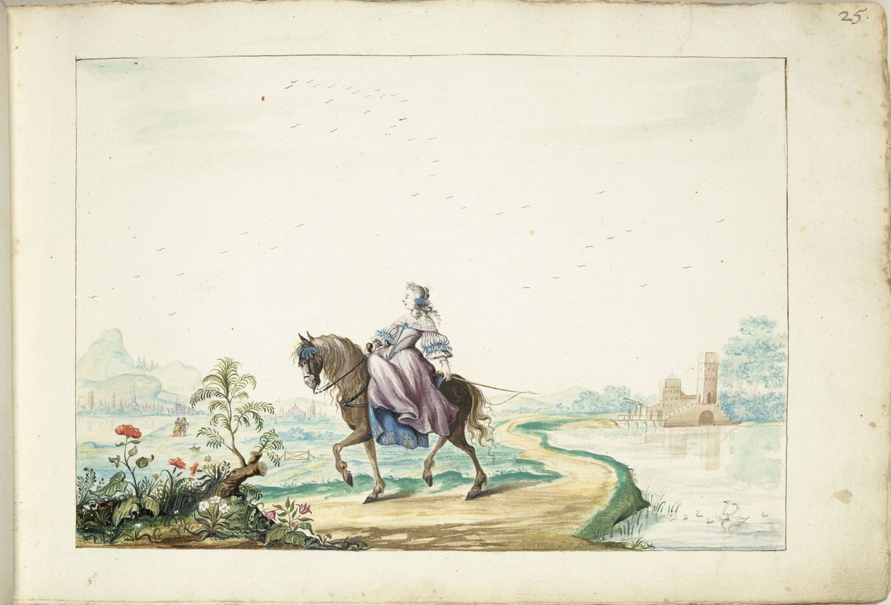 Nainen hevosen selässä maisemassa tekijältä Gesina ter Borch (signed by artist)