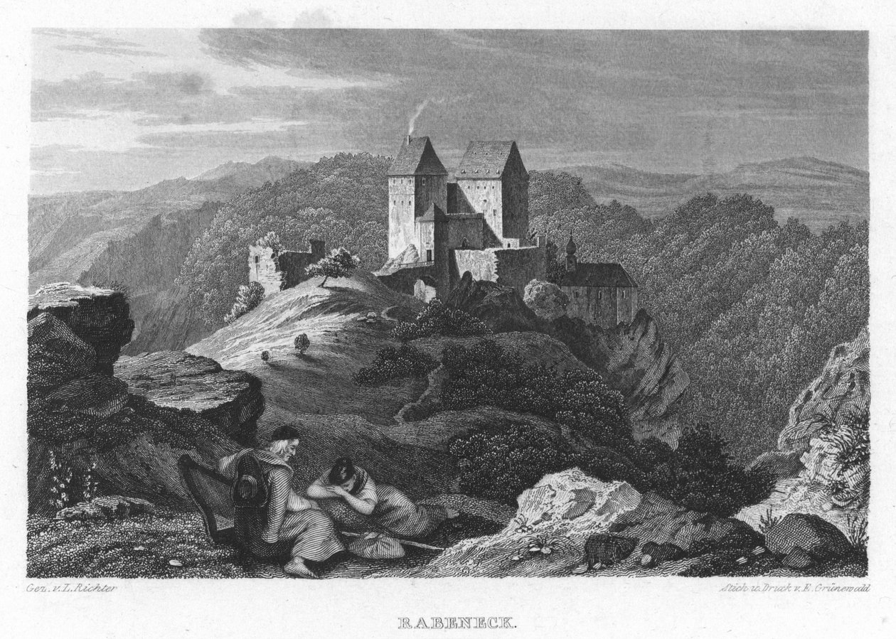 Rabeneckin linna Album der fränkischen Schweizissa. Yhdeksän teräskaiverrusta. 1840 tekijältä Gez. v. Adrian Ludwig Richter