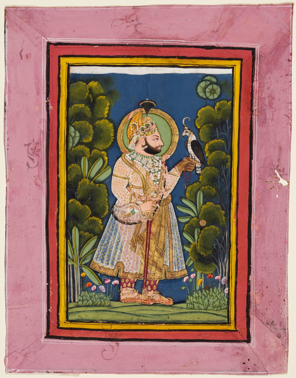 Maharana Jawan Singh r. 1828-38 metsässä haukka pitelemässä, n. 1835. tekijältä Ghasi