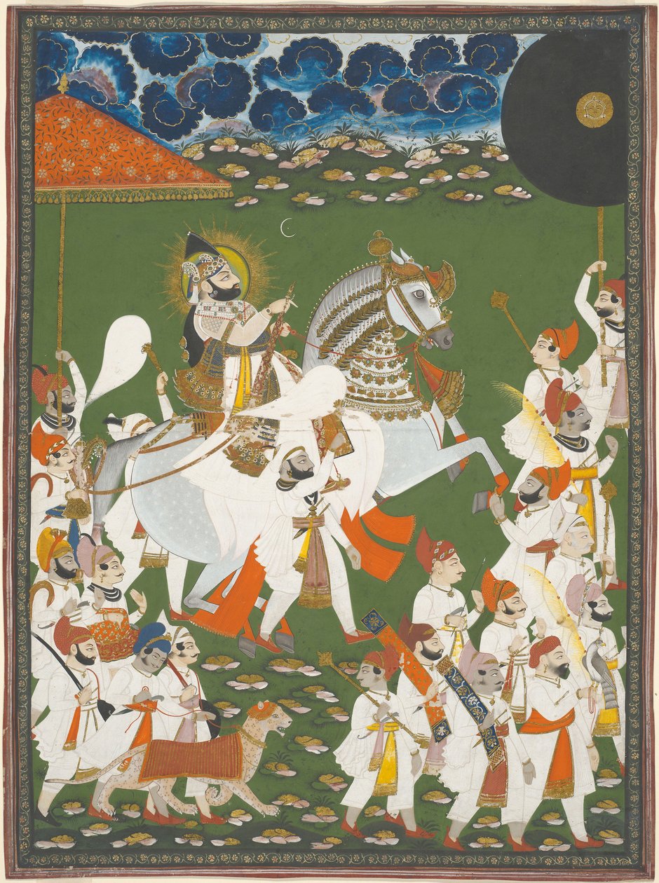 Maharana Bhim Singh kulkueessa, noin 1820 (peittävä akvarelli ja kulta paperille). tekijältä Ghasi Ghasi