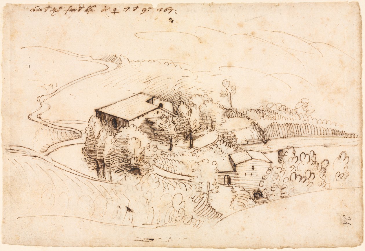 Puiden maatila mäkisessä maisemassa recto, 1567. tekijältä Gherado Cibo