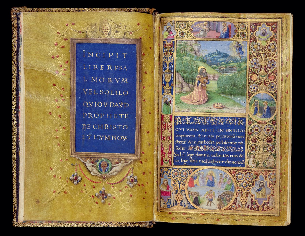 Ms 37-1950, ff.1v-2r: Nimisivu ja pienoiskuva kuningas Daavidista rukouksessa, Medici Psalter, Firenze, n. 1480-1490 (kultamuste ja tempera pergamentilla) tekijältä Gherardo di Giovanni di Miniato
