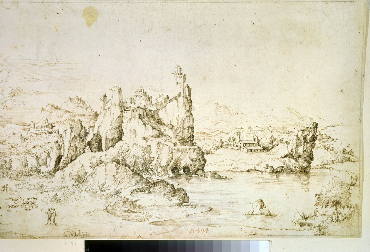 ""Un chateau perche sur une montagne"" (Linna kalliolla vuoristomaisemassa) Gherardo Cibon (1512-1600) piirros ruskealla musteella 1540 Pushkin-museo, Moskova tekijältä Gherardo Cibo