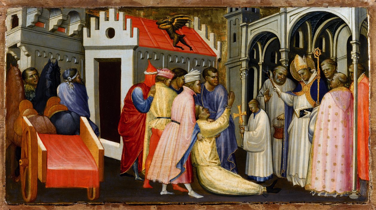 Saint Hugh of Avalon (1140-1200) tai Saint Hugh of Lincoln manaa paholaisen riivaaman miehen - Saint Hugh of Lincoln exorcise miehen paholaisen riivaaman - Gherardo Starninan (n. 1364-1413) maalaus - 1404-1407 Paneelin lämpötila - 28,4x50,4 - tekijältä Gherardo Starnina